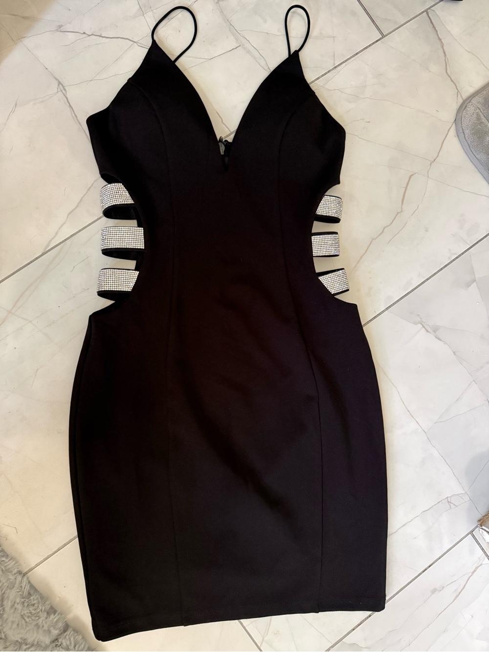 Lulu's Black Rhinestone-Trim Cutout Bodycon Mini Dress